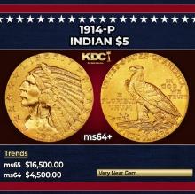 1914-p Gold Indian Half Eagle $5 ms64+ USCG
