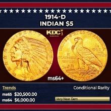 1914-d Gold Indian Half Eagle $5 ms64+ USCG