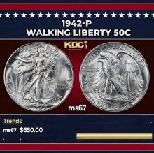 1942-p Walking Liberty Half Dollar 50c ms67 SEGS