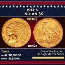 1913-s Gold Indian Half Eagle $5 ms62+ USCG