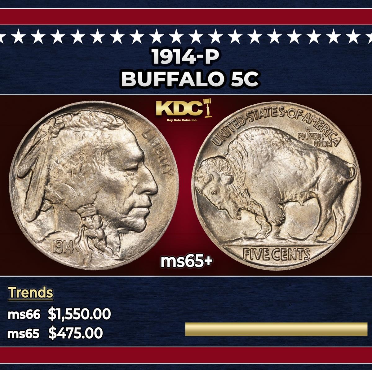 1914-p Buffalo Nickel 5c Grades ms65+