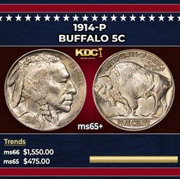 1914-p Buffalo Nickel 5c Grades ms65+