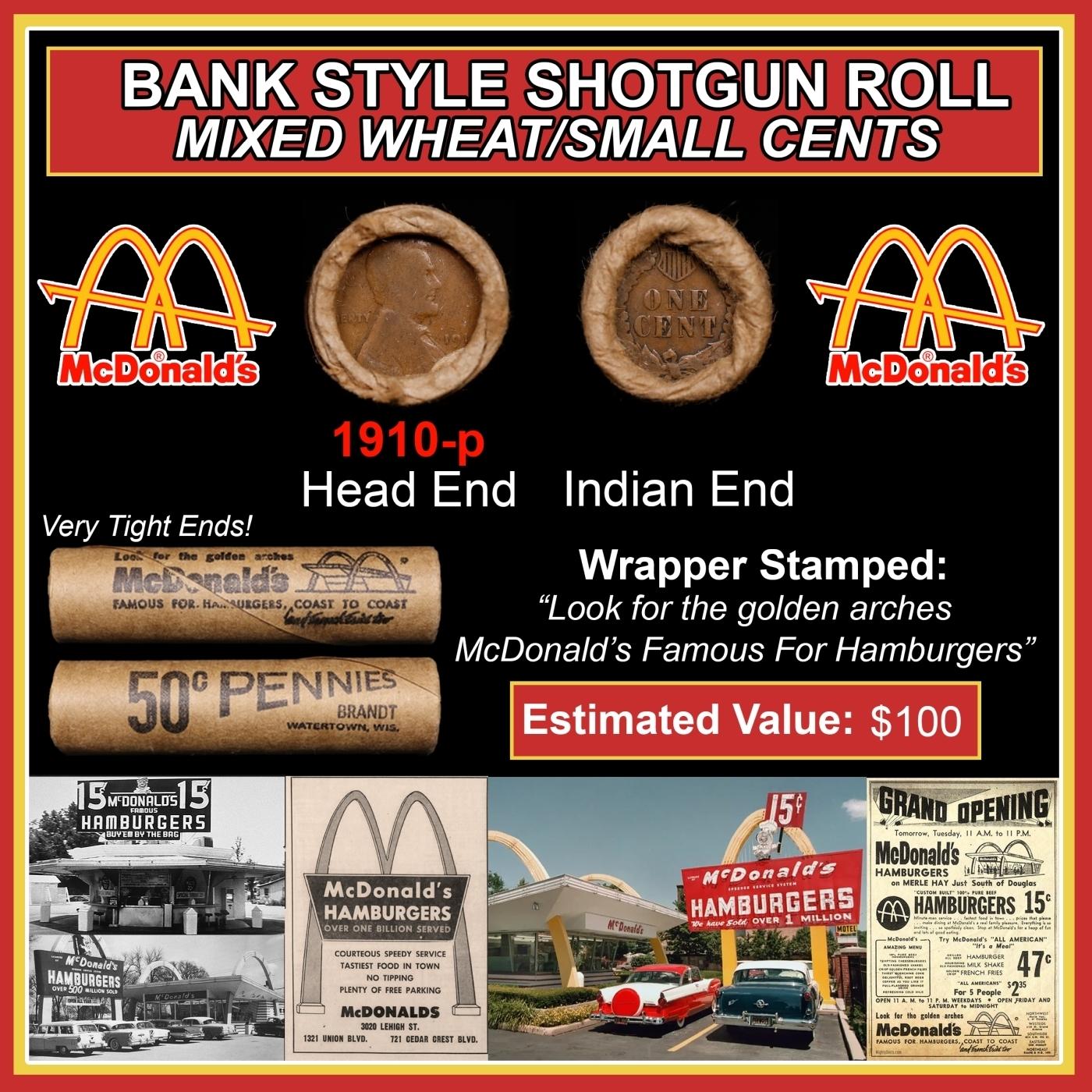 Lincoln Wheat Cent 1c Mixed Roll Orig Brandt McDonalds Wrapper, 1910-p end, Indian other end
