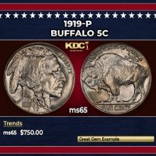 1919-p Buffalo Nickel 5c Grades ms65