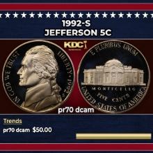 1992-s Proof Jefferson Nickel 5c pr70 dcam SEGS