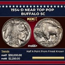 1934-d Buffalo Nickel Near Top Pop 5c ms66+ SEGS