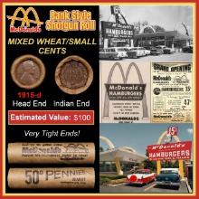 Lincoln Wheat Cent 1c Mixed Roll Orig Brandt McDonalds Wrapper, 1915-d end, Indian other end