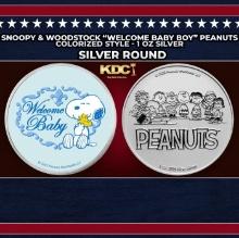 Snoopy & Woodstock "Welcome Baby Boy" Peanuts Colorized Style - 1 oz Silver Round Round