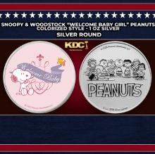 Snoopy & Woodstock "Welcome Baby Girl" Peanuts Colorized Style - 1 oz Silver Round Round
