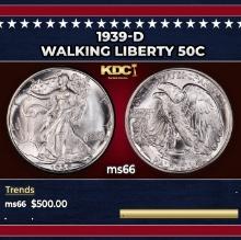 1939-d Walking Liberty Half Dollar 50c Grades ms66