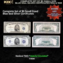 Complete Set of $5 Small Size Blue Seal Silver Certficates 1934 & 1953 Heavily Circulated