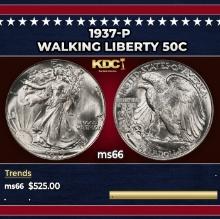 1937-p Walking Liberty Half Dollar 50c Grades ms66