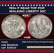 1934-p Walking Liberty Half Dollar Near Top Pop 50c ms68 SEGS