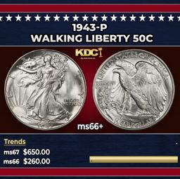 1943-p Walking Liberty Half Dollar 50c ms66+ SEGS
