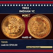 1902 Indian Cent . 1c Grades ms65 rd