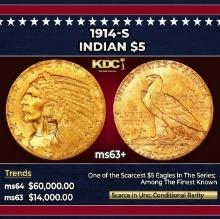1914-s Gold Indian Half Eagle $5 ms63+ USCG