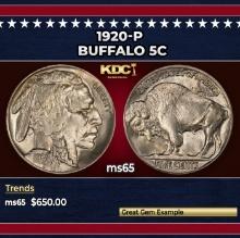 1920-p Buffalo Nickel 5c Grades ms65