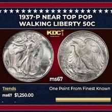 1937-p Walking Liberty Half Dollar Near Top Pop 50c ms67 SEGS