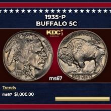 1935-p Buffalo Nickel 5c ms67 SEGS