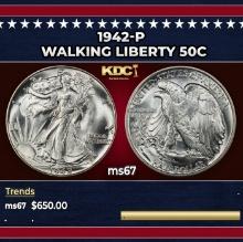1942-p Walking Liberty Half Dollar 50c ms67 SEGS