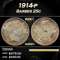 1914-p Barber Quarter 25c Grades ms62+