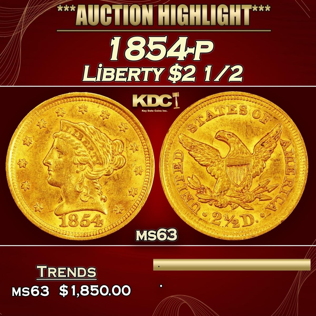 1854-p Gold Liberty Quarter Eagle $2 1/2 ms63 SEGS