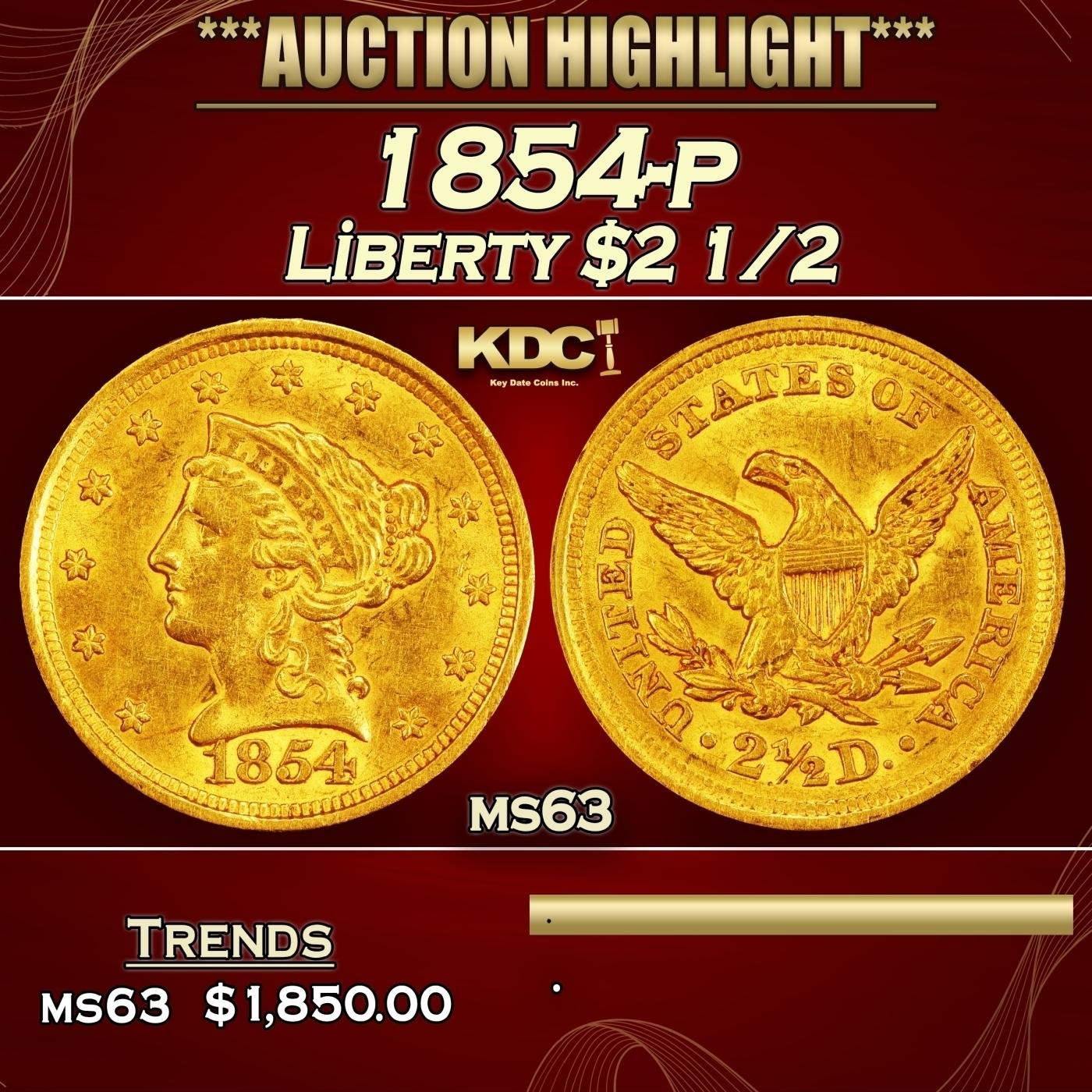 1854-p Gold Liberty Quarter Eagle $2 1/2 ms63 SEGS