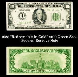 1928 $100 Green Seal Federal Reserve Note "Redeemable In Gold" Grades Select AU