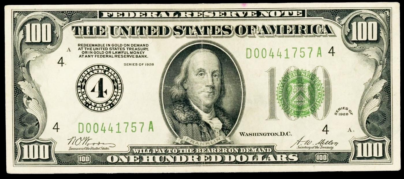 1928 $100 Green Seal Federal Reserve Note "Redeemable In Gold" Grades Select AU