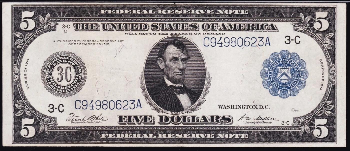 1914 $5 Large Size Blue Seal Federal Reserve Note Philadelphia, PA Grades xf FR-855