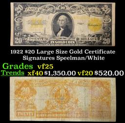 1922 $20 Large Size Gold Certificate Grades vf+ Signatures Speelman/White