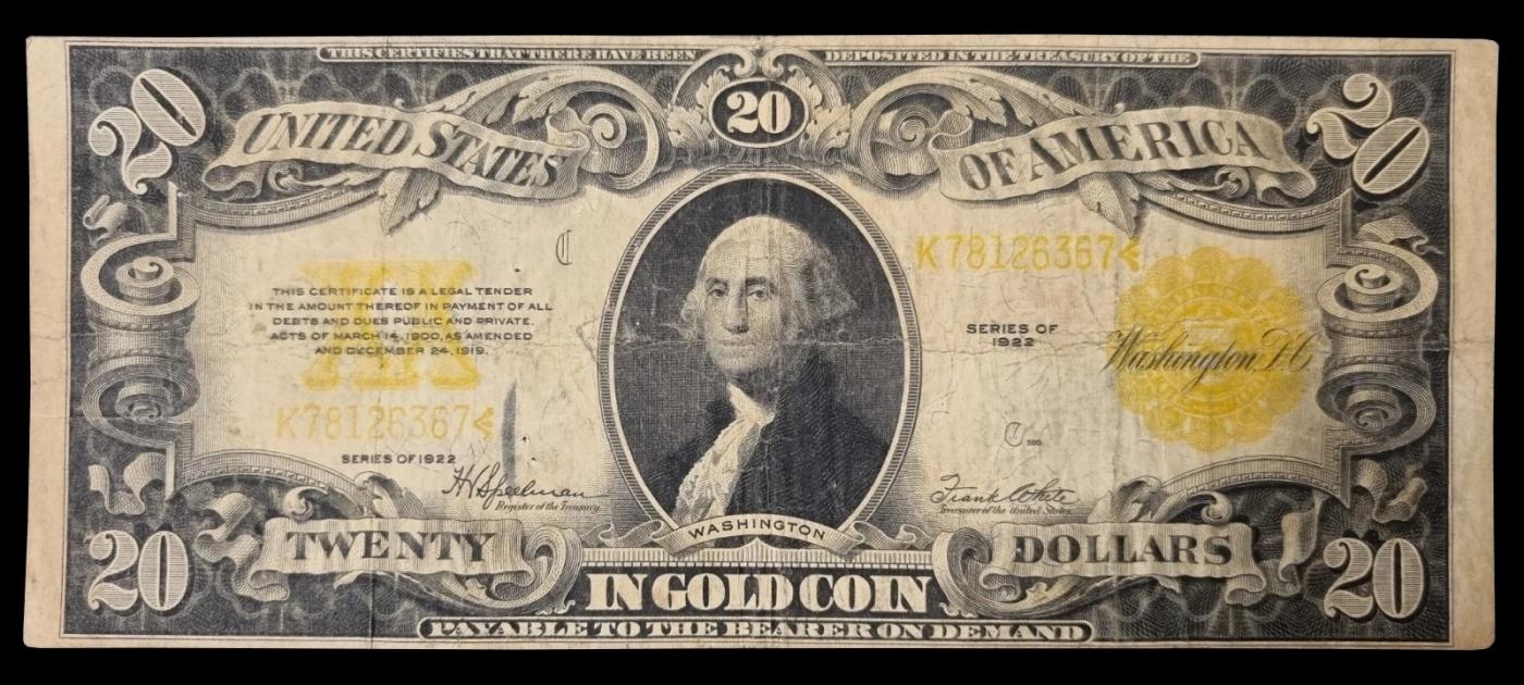 1922 $20 Large Size Gold Certificate Grades vf+ Signatures Speelman/White