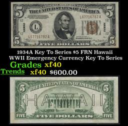 1934A $5 FRN Hawaii WWII Emergency Currency Key To Series Key To Series Grades xf