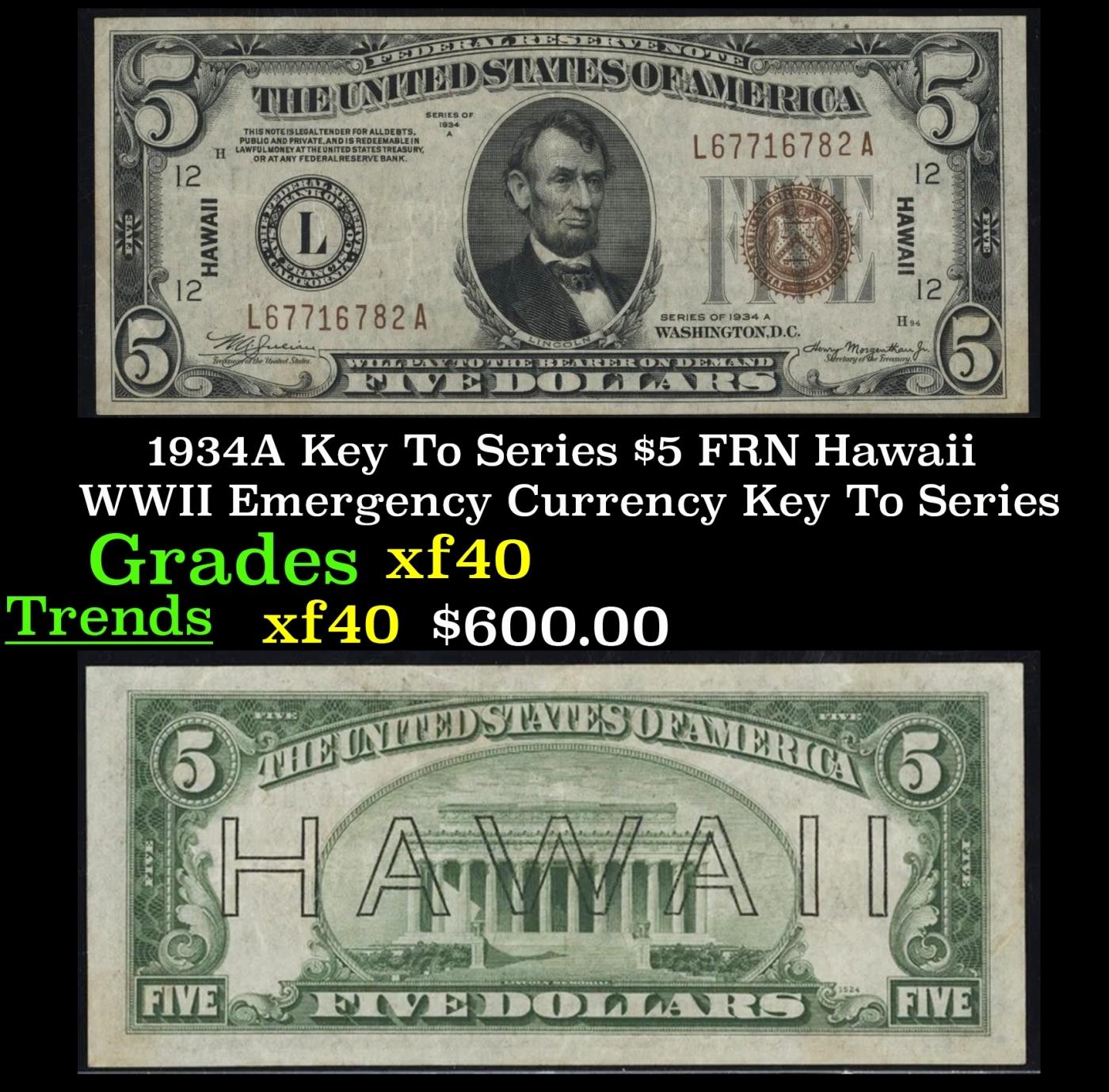 1934A $5 FRN Hawaii WWII Emergency Currency Key To Series Key To Series Grades xf
