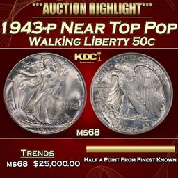 1943-p Walking Liberty Half Dollar Near Top Pop 50c ms68 SEGS