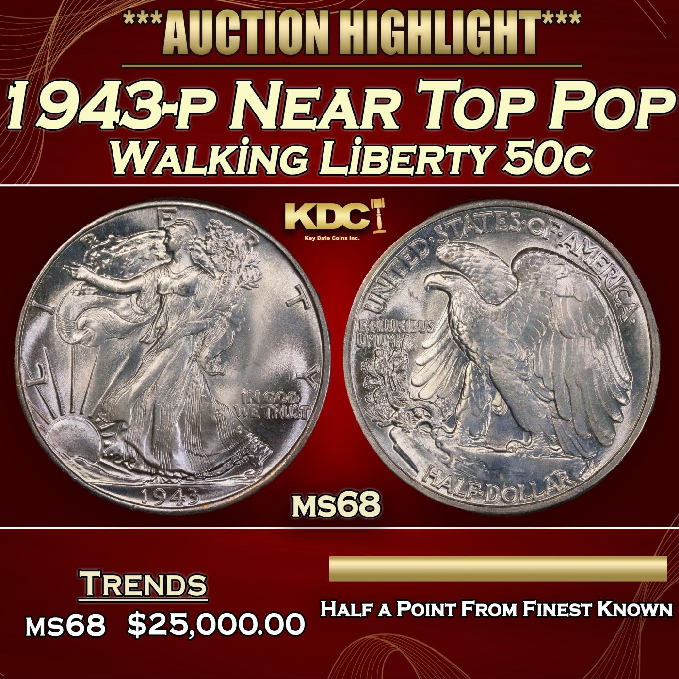 1943-p Walking Liberty Half Dollar Near Top Pop 50c ms68 SEGS