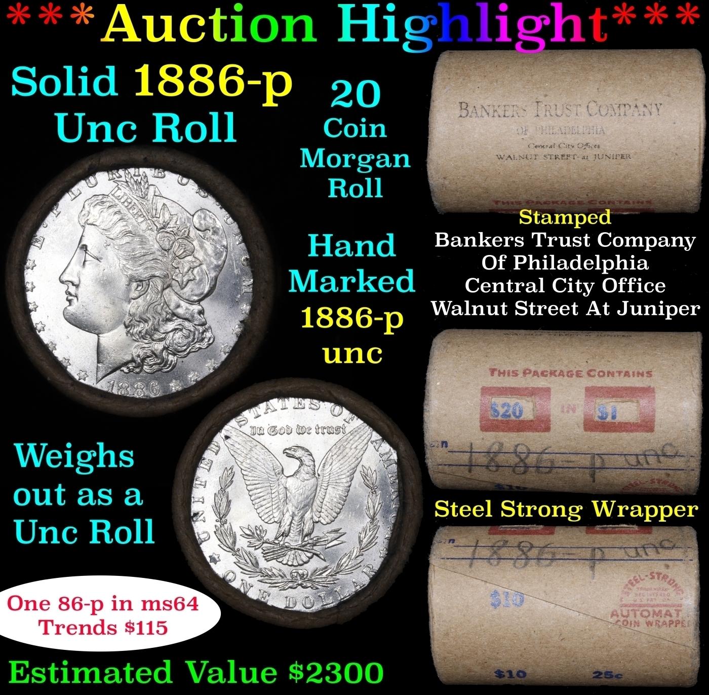 Full solid date 1886-p Uncirculated Morgan silver dollar roll, 20 coins