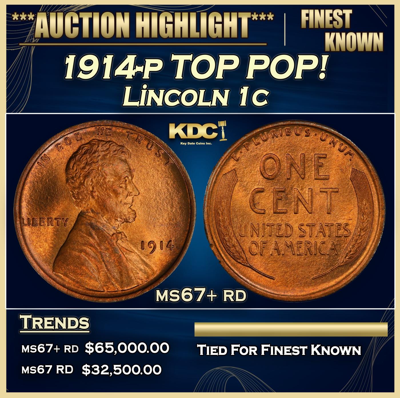1914-p Lincoln Cent TOP POP! 1c ms67+ rd SEGS