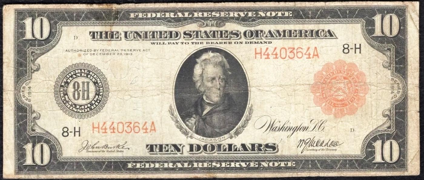 1914 $10 Large Size Red Seal FRN Rare Red Seal St. Louis, MO Grades vf+ FR-899