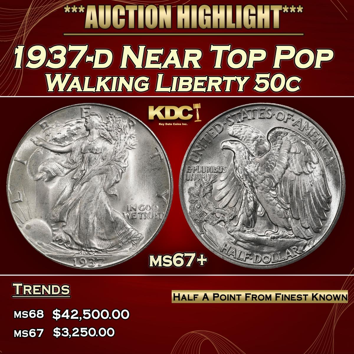 1937-d Walking Liberty Half Dollar Near Top Pop 50c ms67+ SEGS
