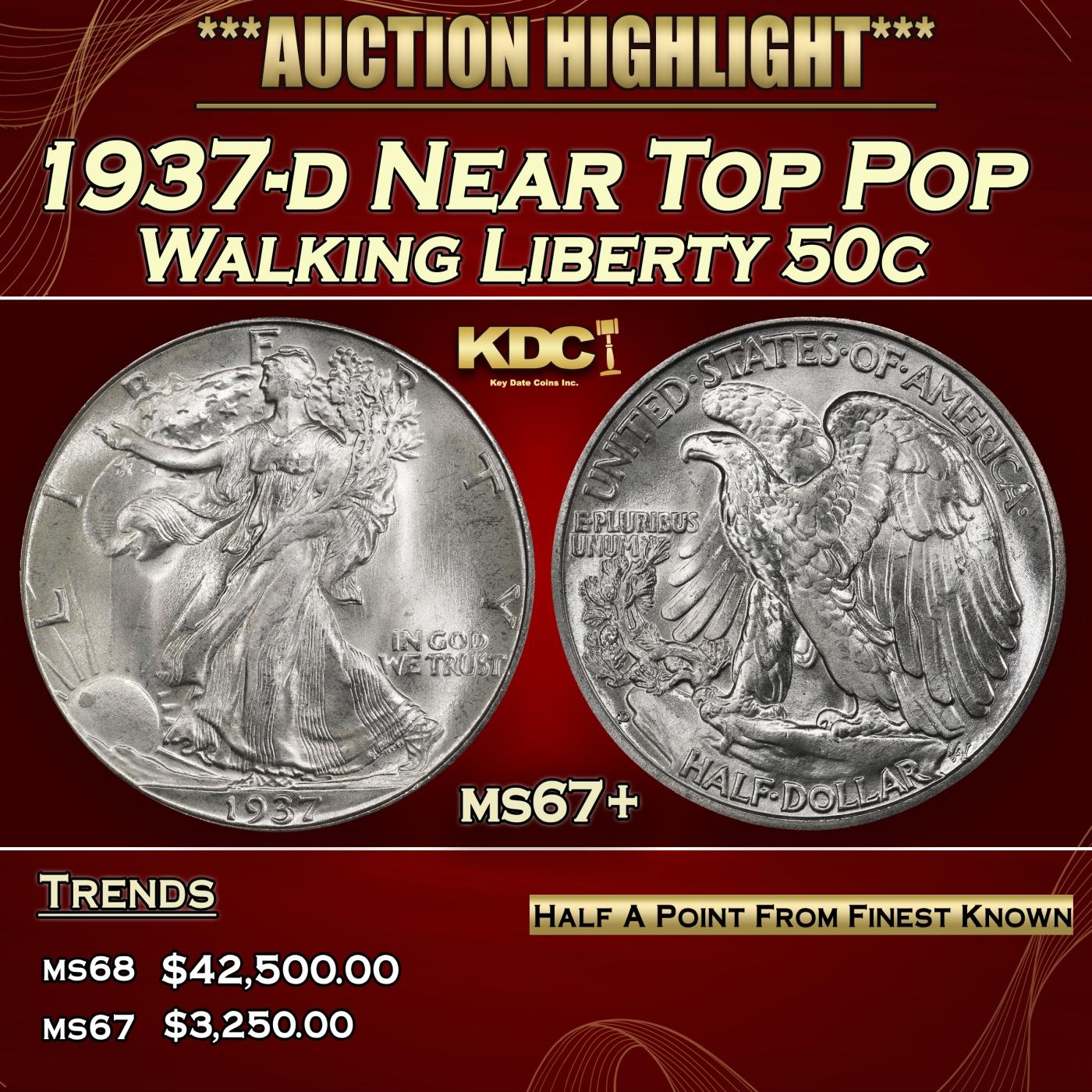 1937-d Walking Liberty Half Dollar Near Top Pop 50c ms67+ SEGS