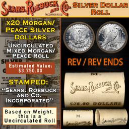 YE- 20 Mixed Morgan/Peace SEARS Dollar Roll Unc Morgan 'P' Rev/Peace 'P' Rev Ends