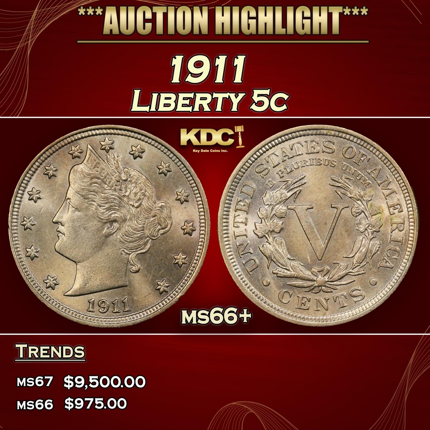 1911 Liberty Nickel 5c ms66+ SEGS