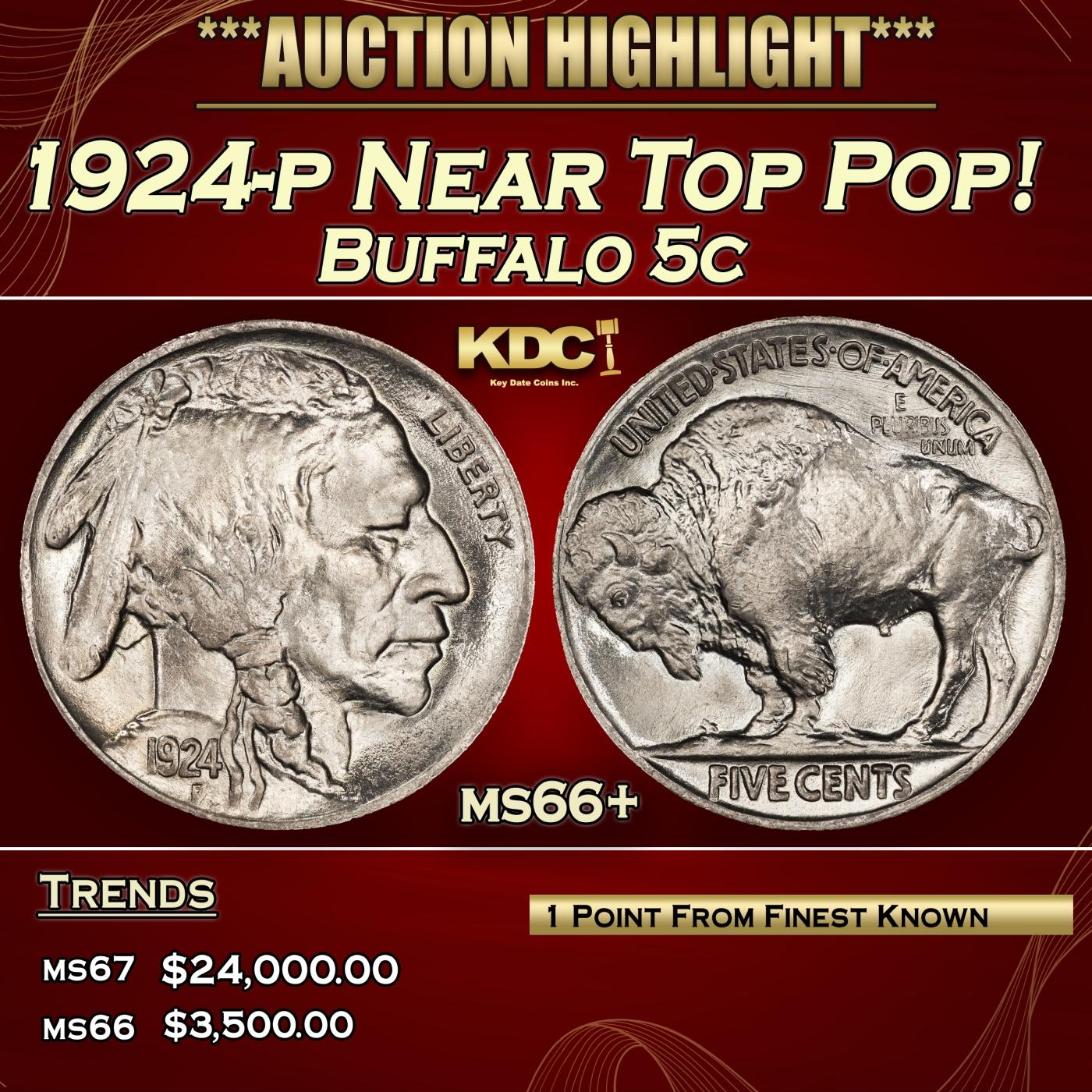 1924-p Buffalo Nickel Near Top Pop! 5c ms66+ SEGS