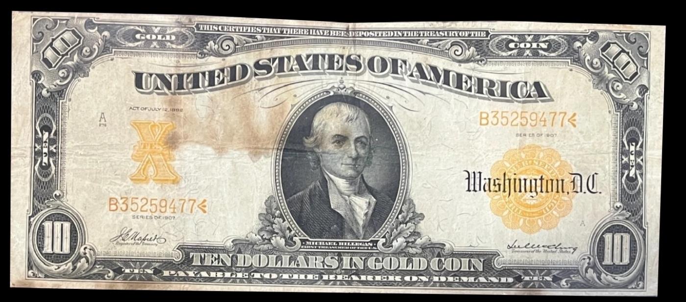 1907 $10 Large Size Gold Certificate Grades vf+ Signatures Parker/Burke
