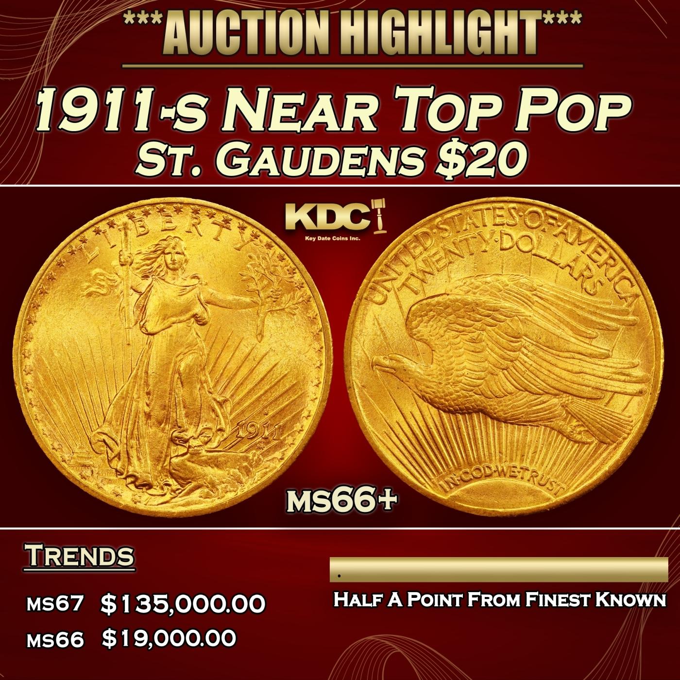 1911-s Gold St. Gaudens Double Eagle Near Top Pop $20 ms66+ SEGS