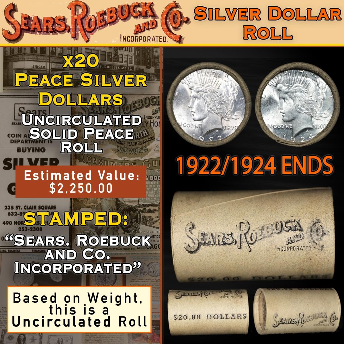 ER- SEARS Silver Peace Dollar $1 Roll UNC 20 Coin 1924/1922 Ends