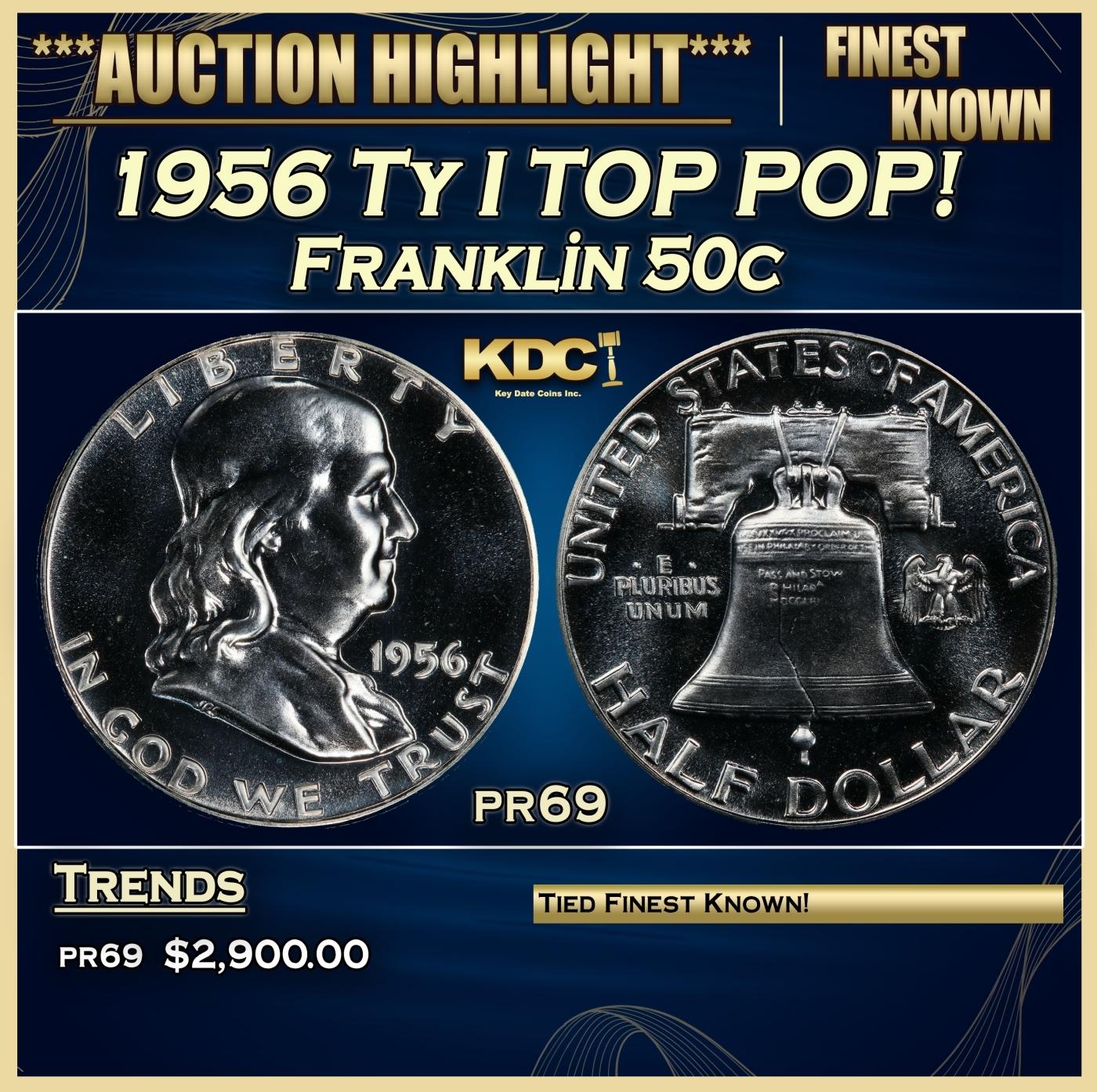 1956 Ty I Proof Franklin Half Dollar TOP POP! 50c pr69 SEGS