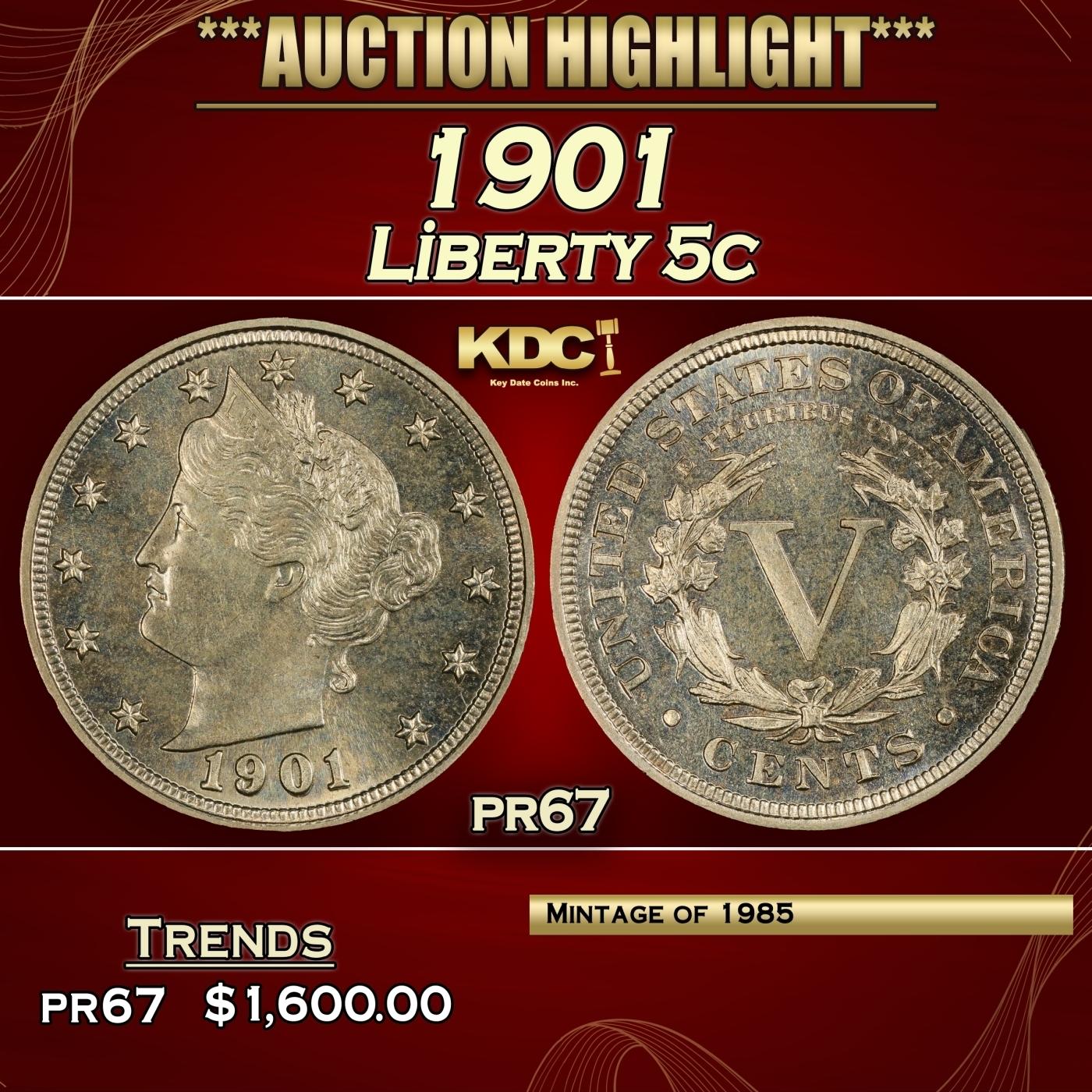 1901 Proof Liberty Nickel 5c pr67 SEGS
