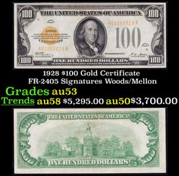 1928 $100 Gold Certificate FR-2405 Signatures Woods/Mellon Grades Select AU